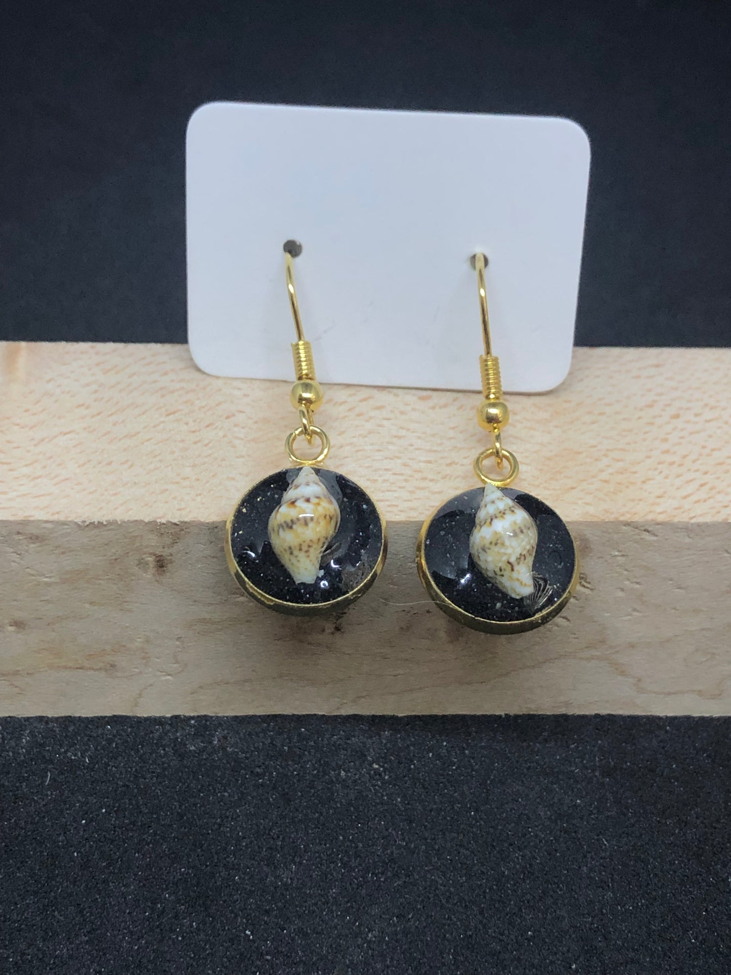 Seashell w/ Black Sand / Gold Wire Hook Earrings