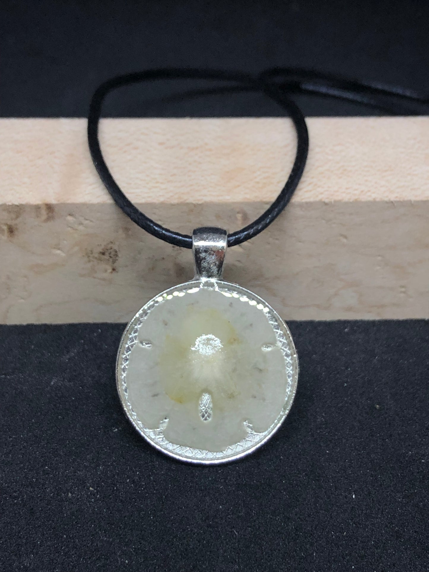 Sand Dollar / Silver Pendant - Black Cord Necklace