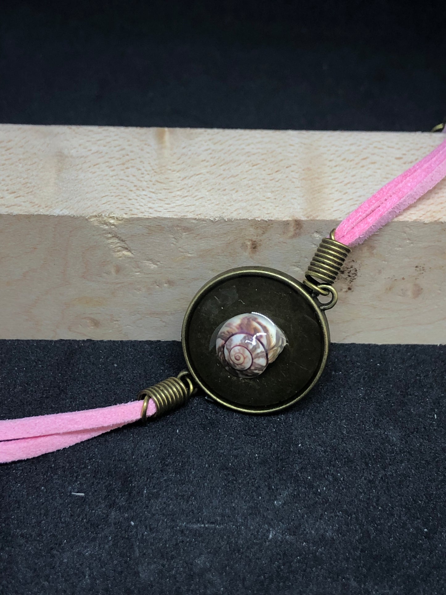 Seashell / Antique Bronze Pendant - Pink Woven Leather Bracelet