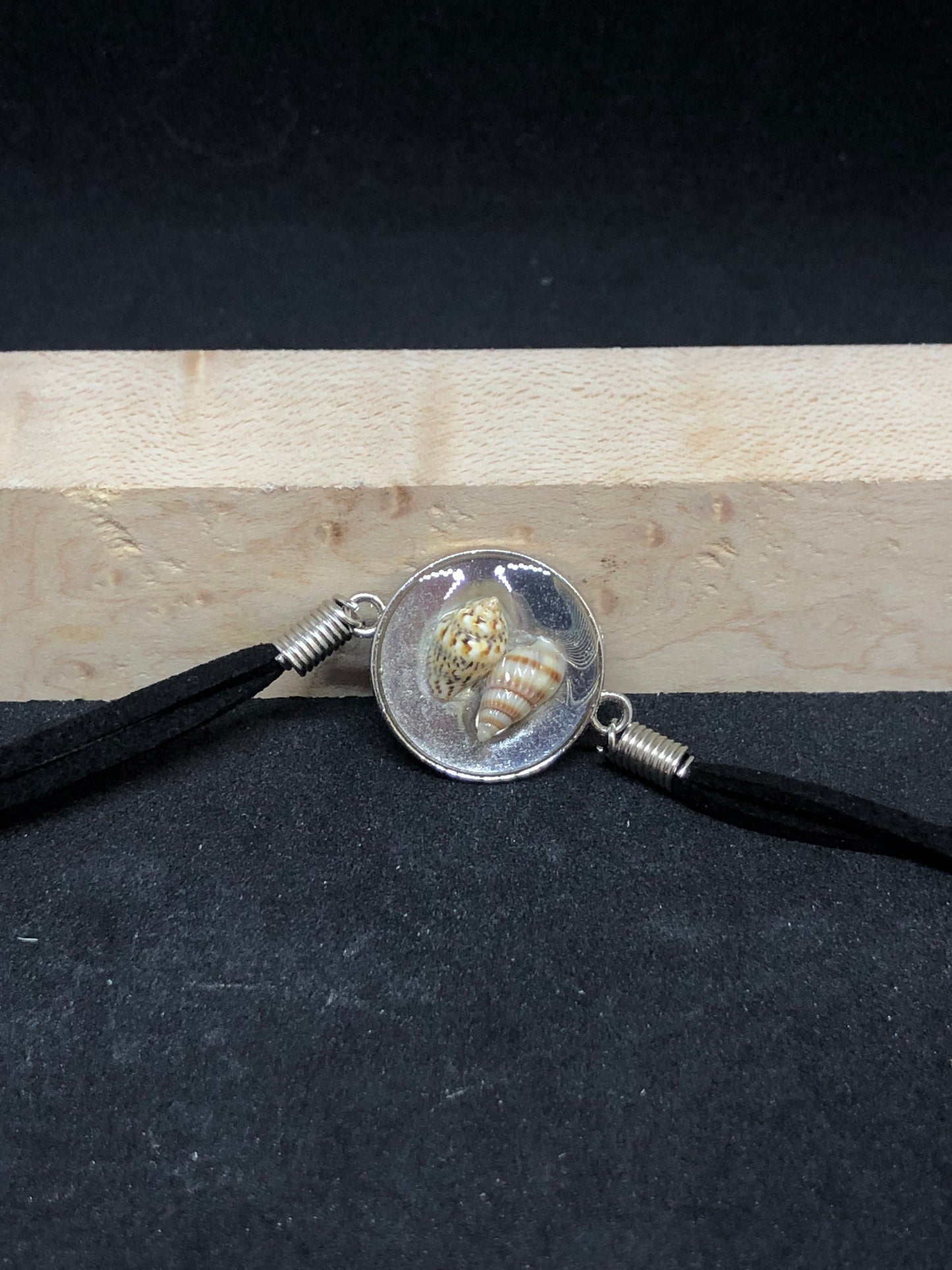 Seashell Duo / Silver Pendant - Black Woven Leather Bracelet