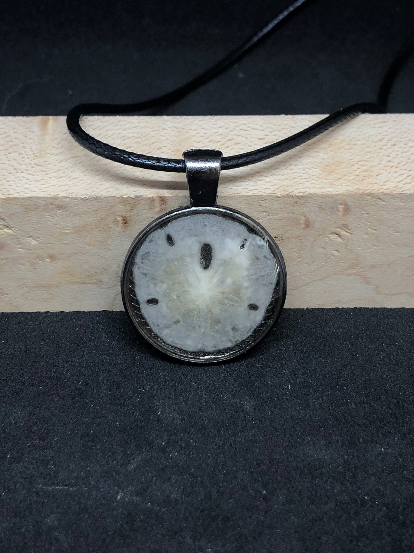 Sand Dollar / Antique Silver Pendant - Black Cord Necklace