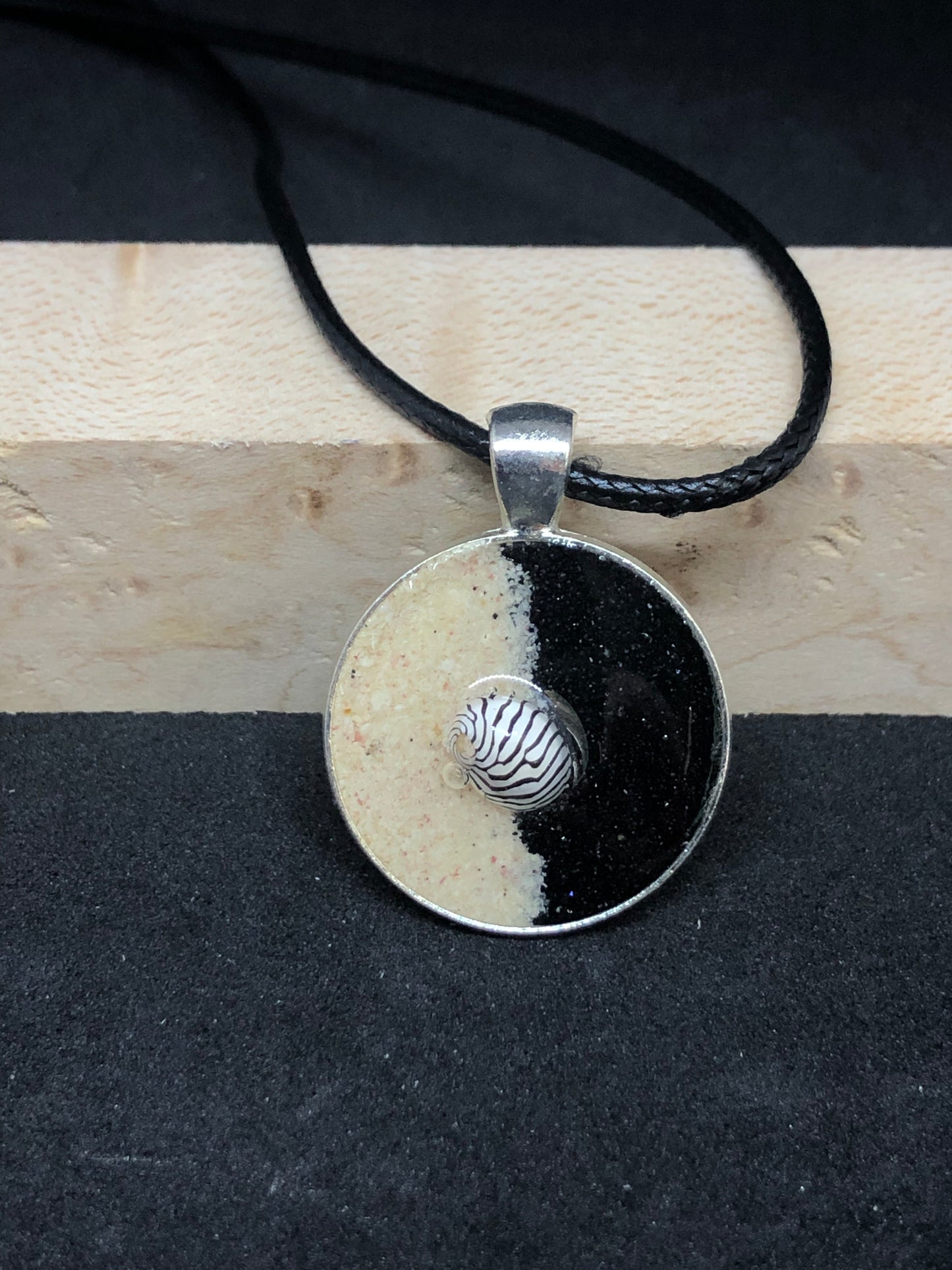 Seashell w/ Black and Pink Sand / Silver Pendant - Black Cord Necklace