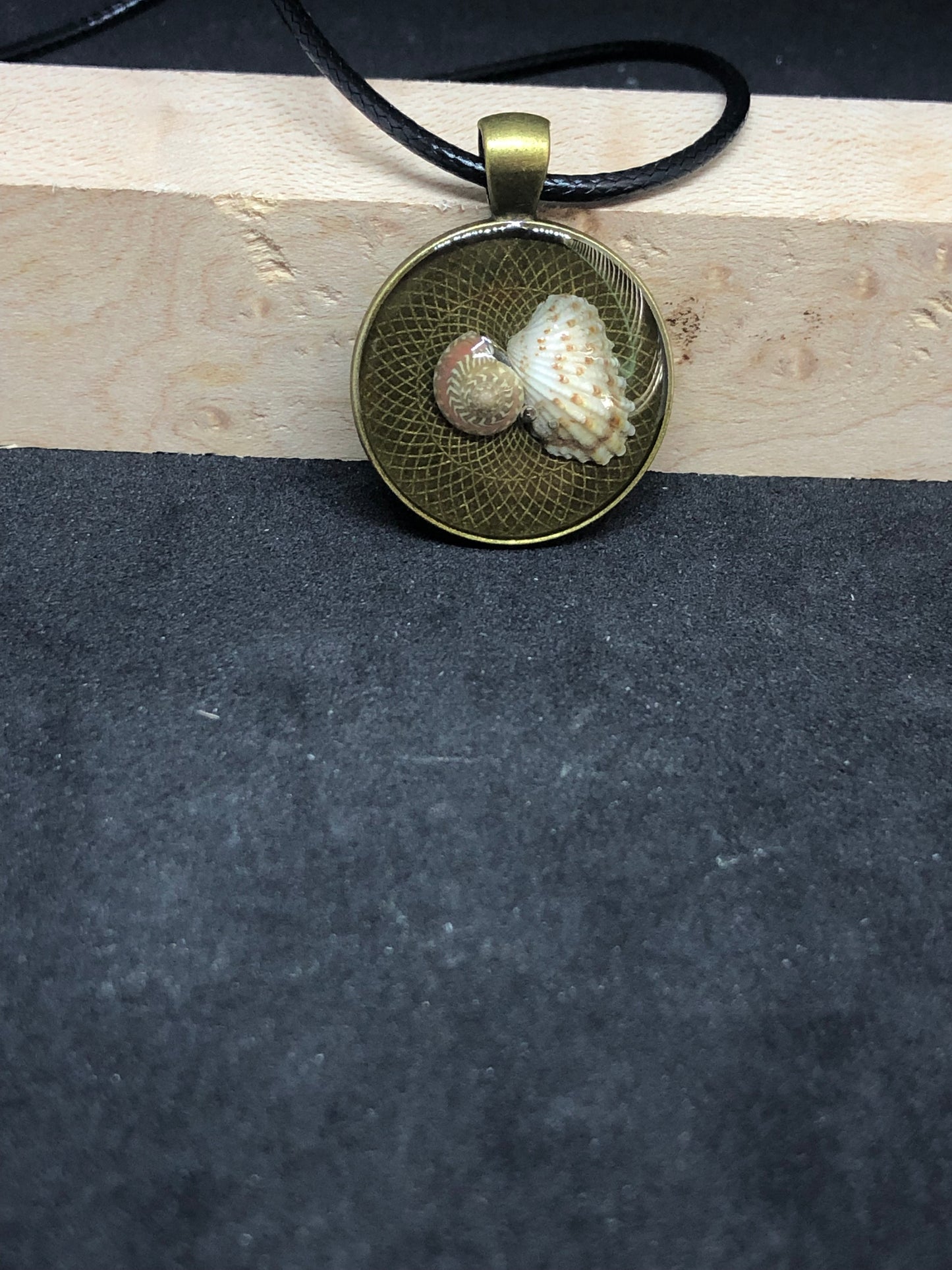 Seashell Duo / Antique Gold Pendant - Black Cord Necklace