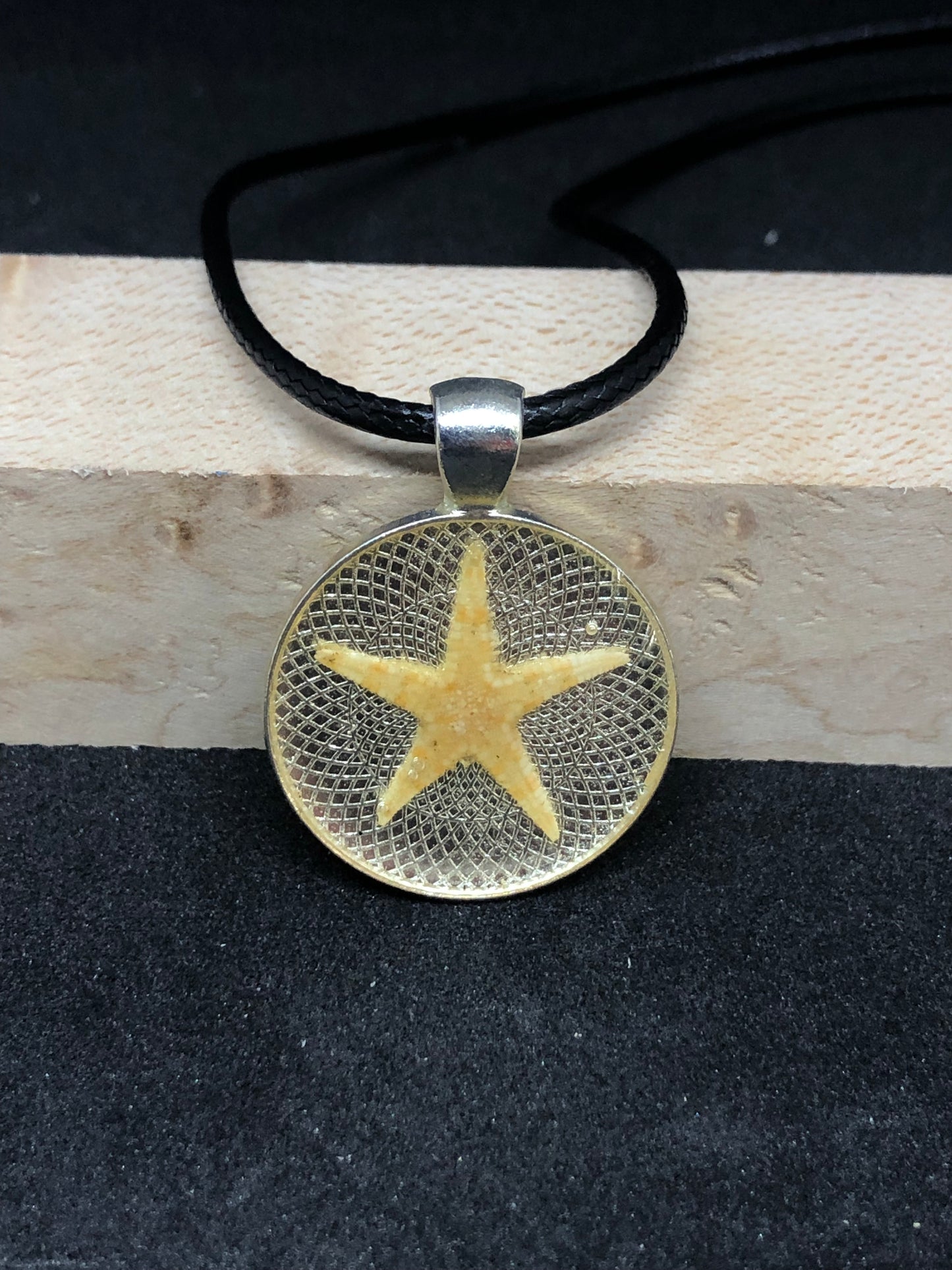 Starfish / Silver Pendant - Black Cord Necklace