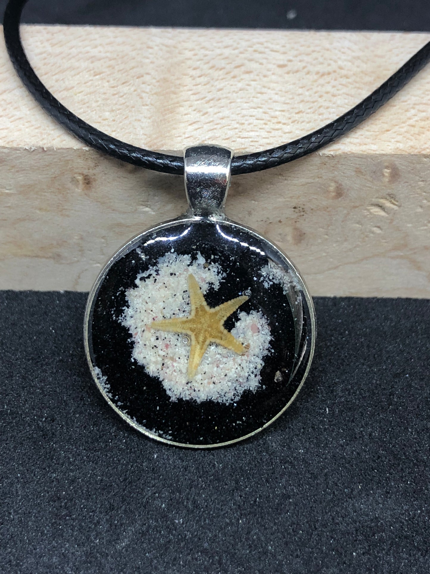 Starfish w/ Black and Pink Sand / Antique Silver Pendant - Black Cord Necklace
