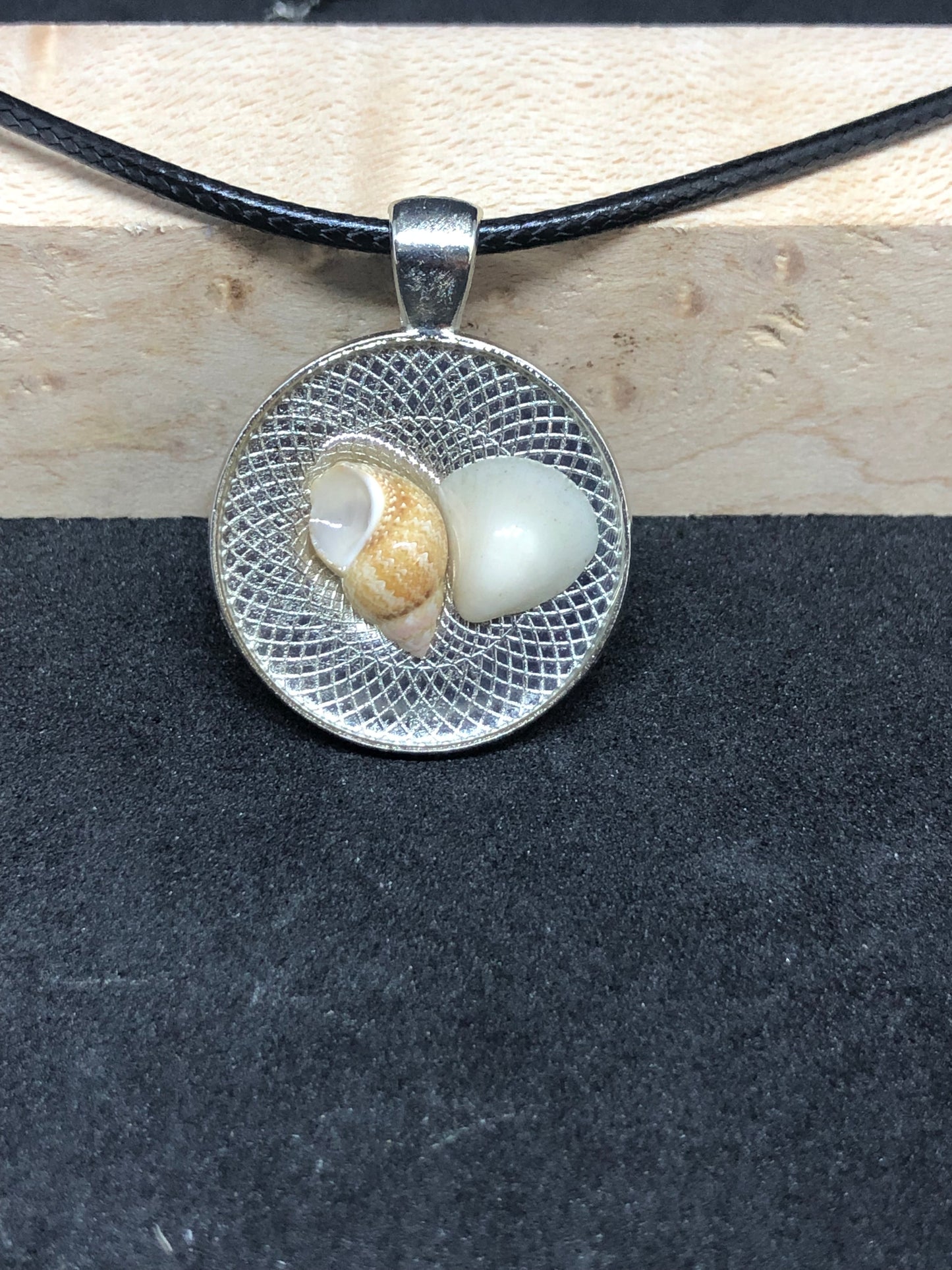 Seashell Duo / Chrome Pendant - Black Cord Necklace