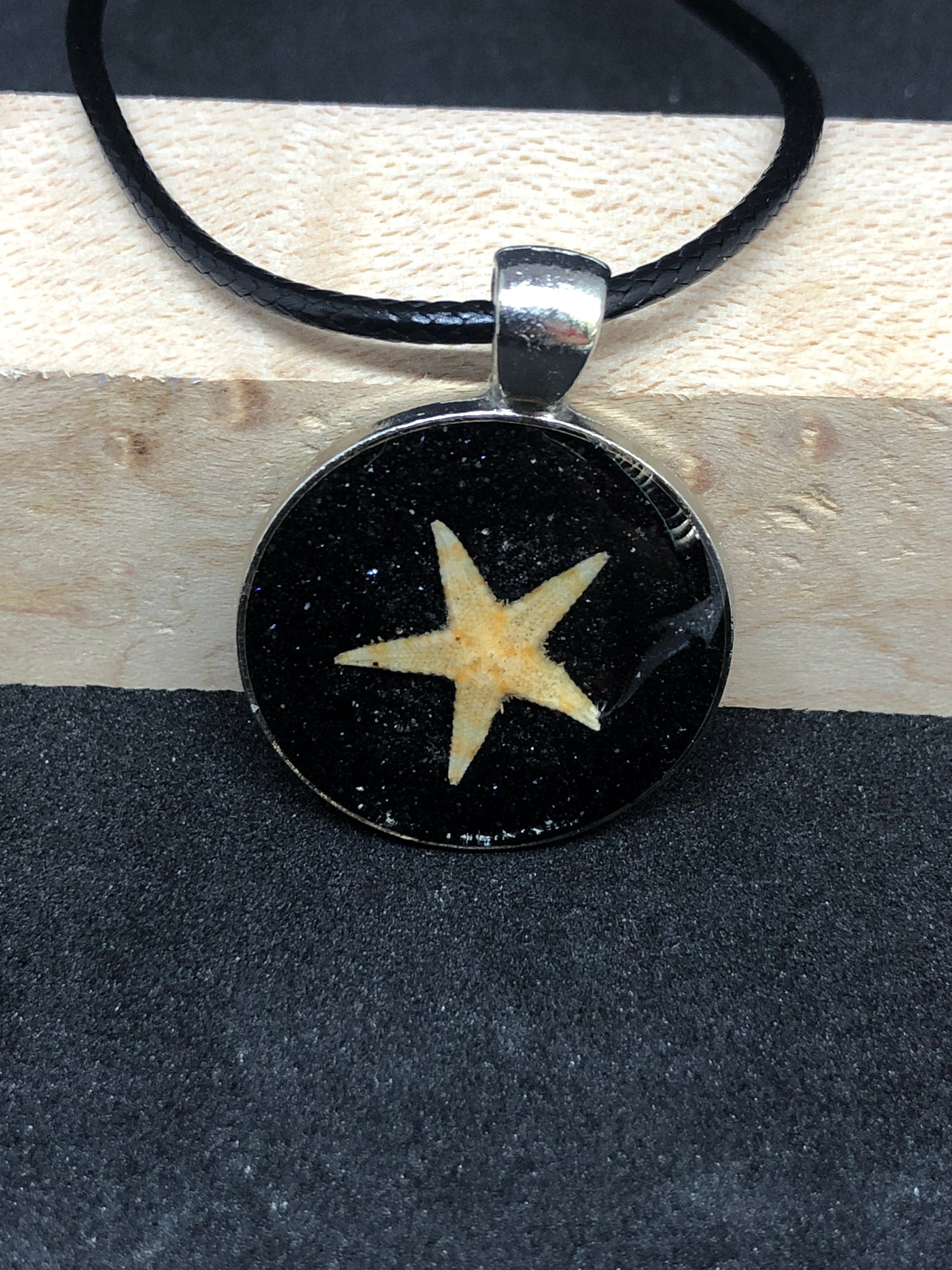 Starfish w/ Black Sand / Silver Pendant - Black Cord Necklace