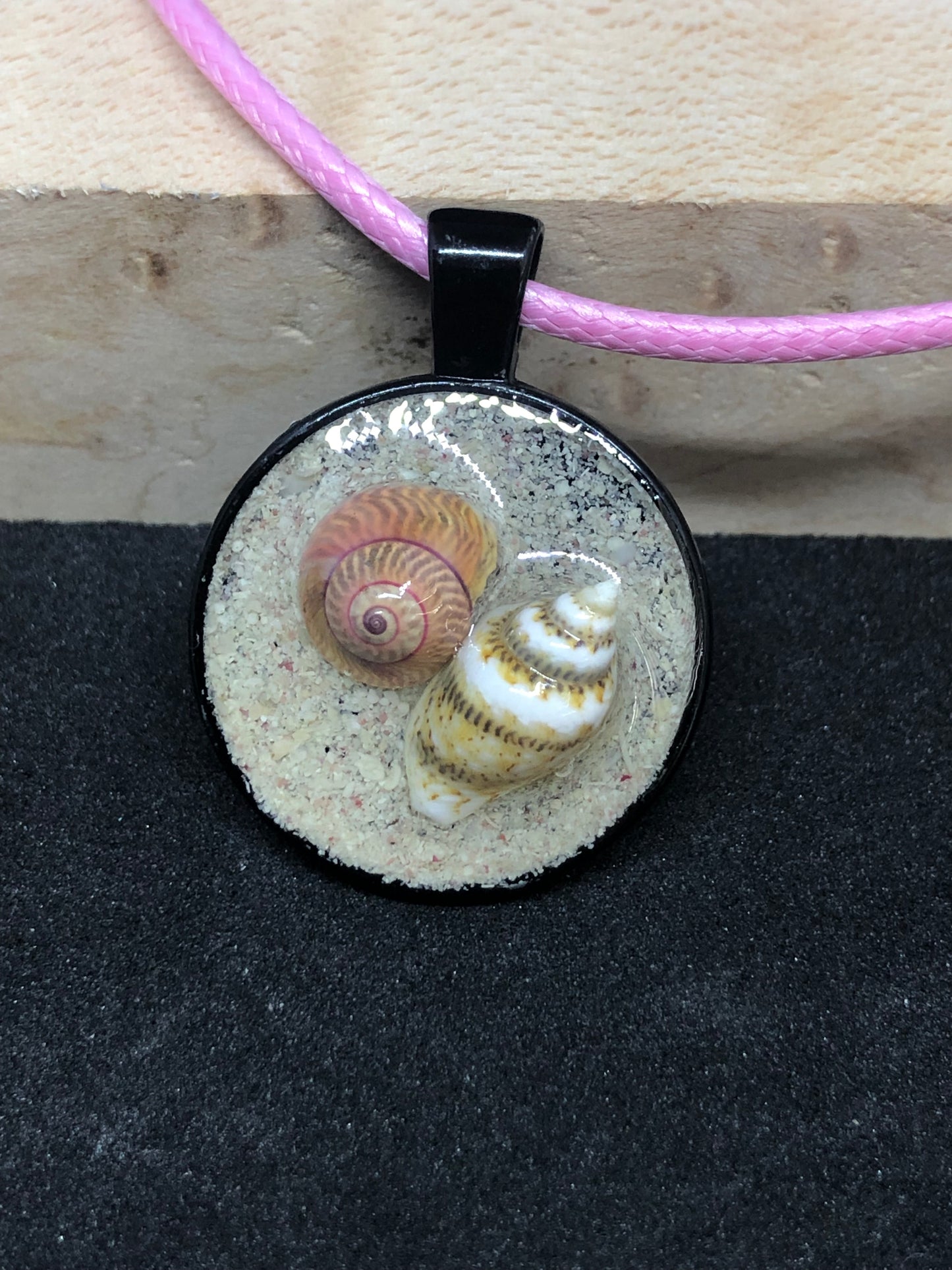 Seashell Duo w/ Pink Sand / Black Pendant - Pink Cord Necklace