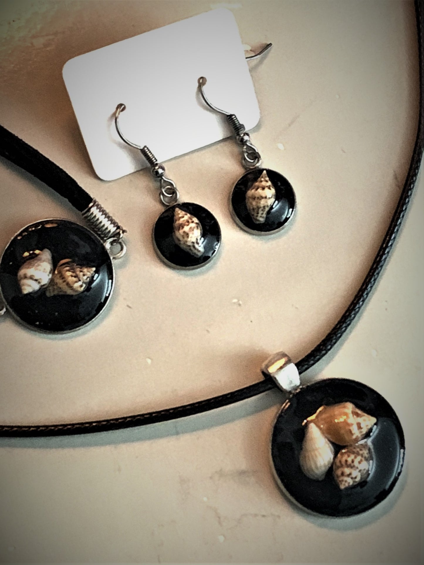 Seashell Trio w/ Black Sand / Silver Pendant - Black Necklace/Bracelet/Earrings Matching Set
