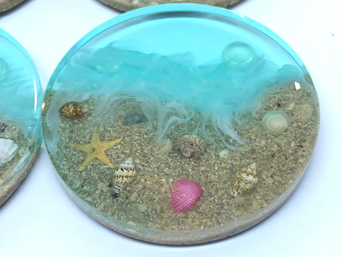 Small Round Beach Coasters with Sand and Shells