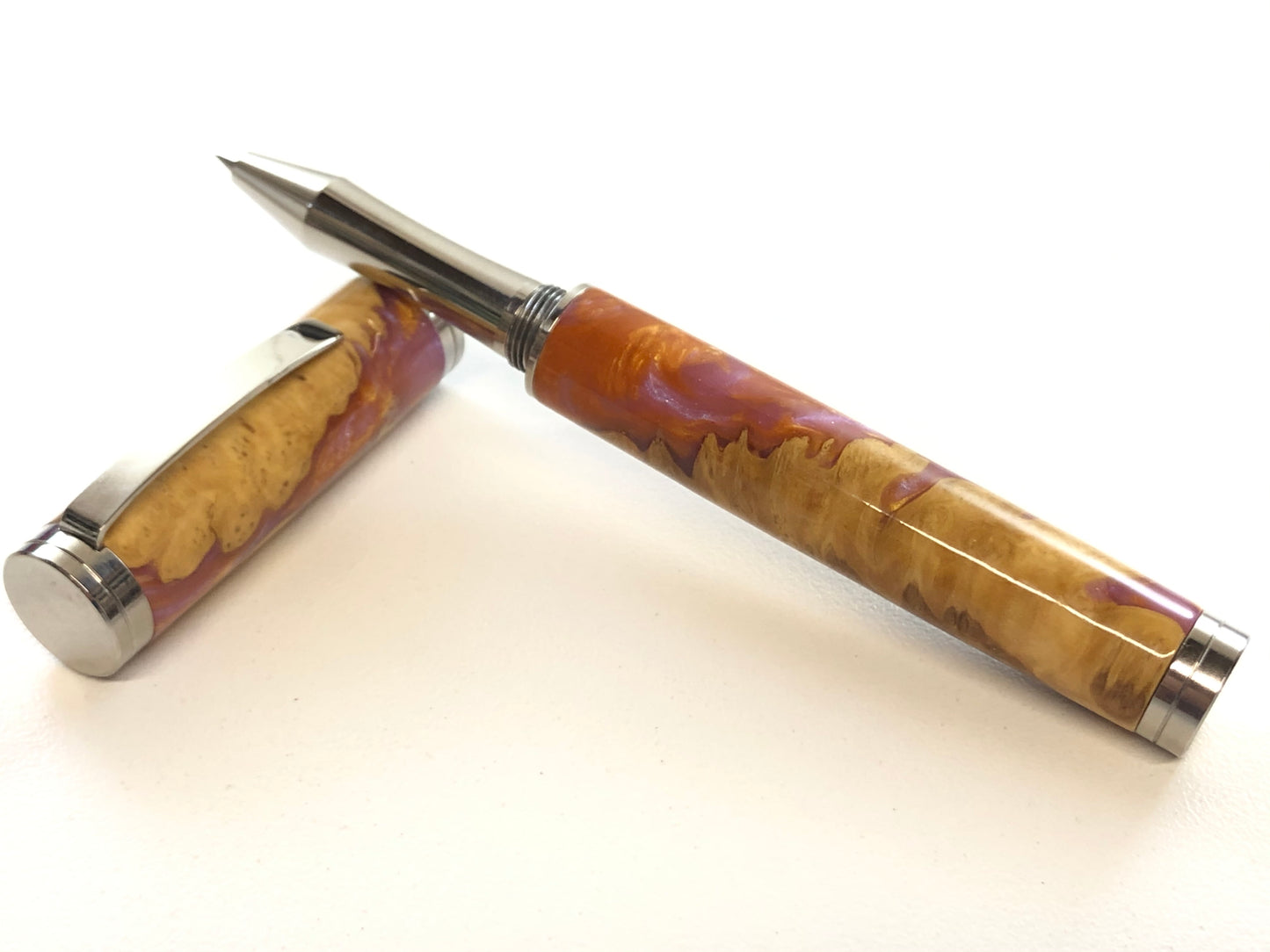 Shakespeare Rollerball / Polished Stainless Steel - Hybrid / Brown Mallee Burl and Gala