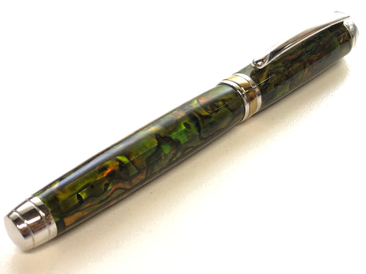 Mistral Rollerball / Rhodium and Gold - Green Gold Paua Abalone