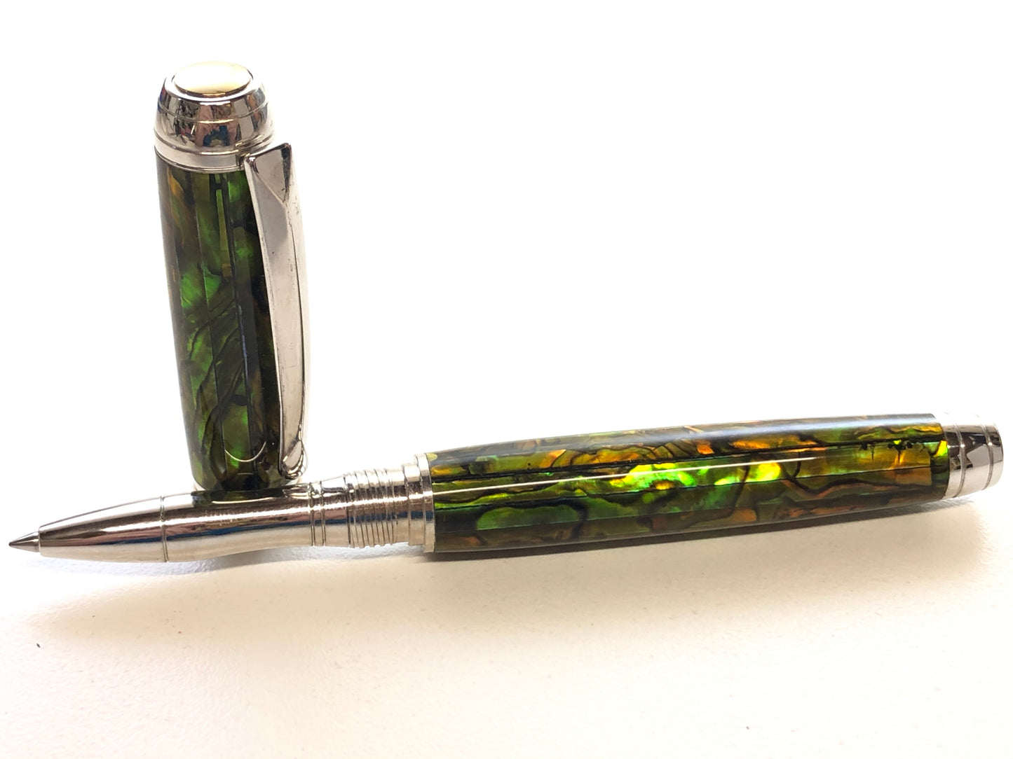 Mistral Rollerball / Rhodium and Gold - Green Gold Paua Abalone