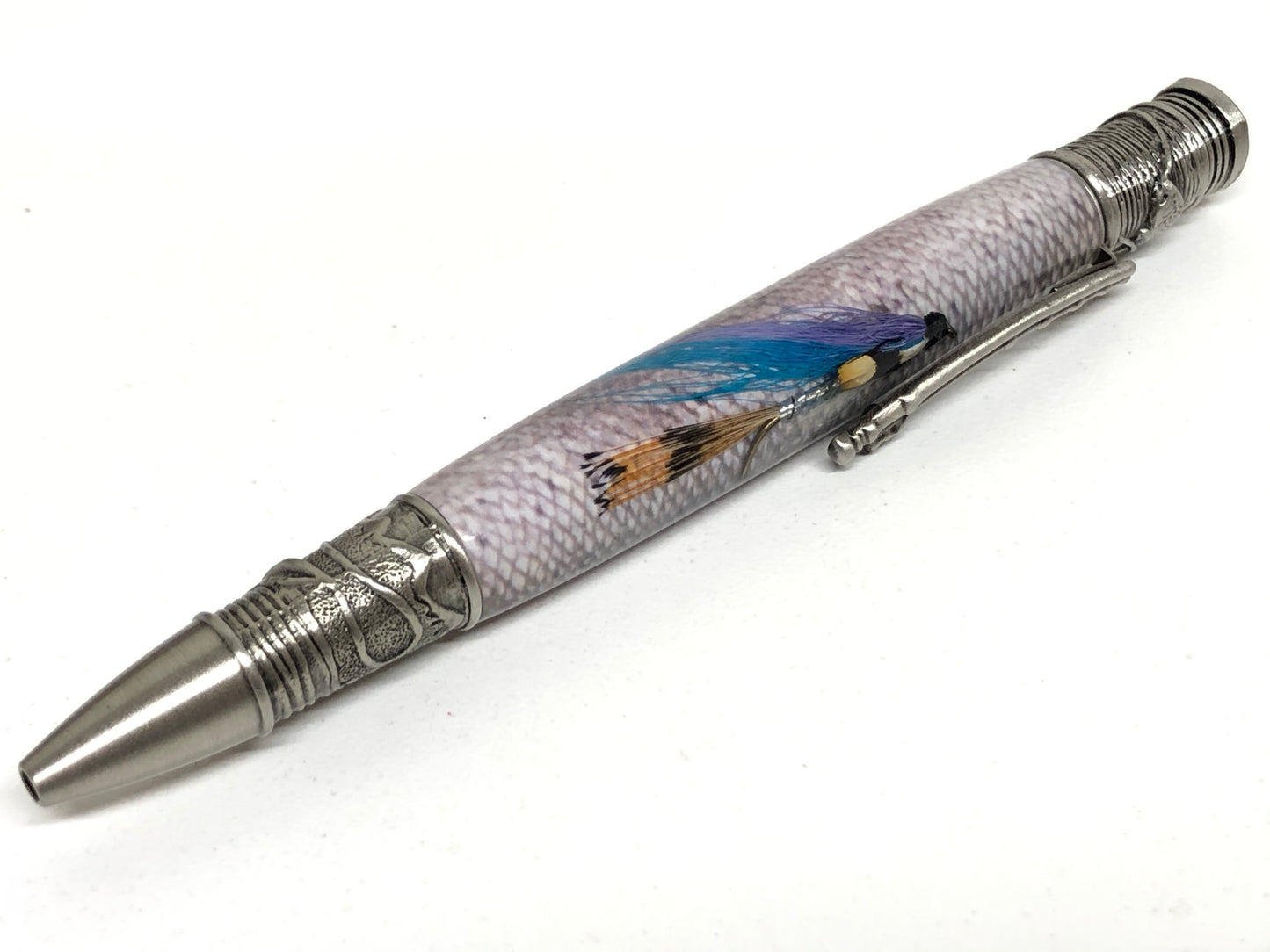 Fly Fishing Ballpoint / Antique Pewter - Purple and Blue Fly with Steelhead Background