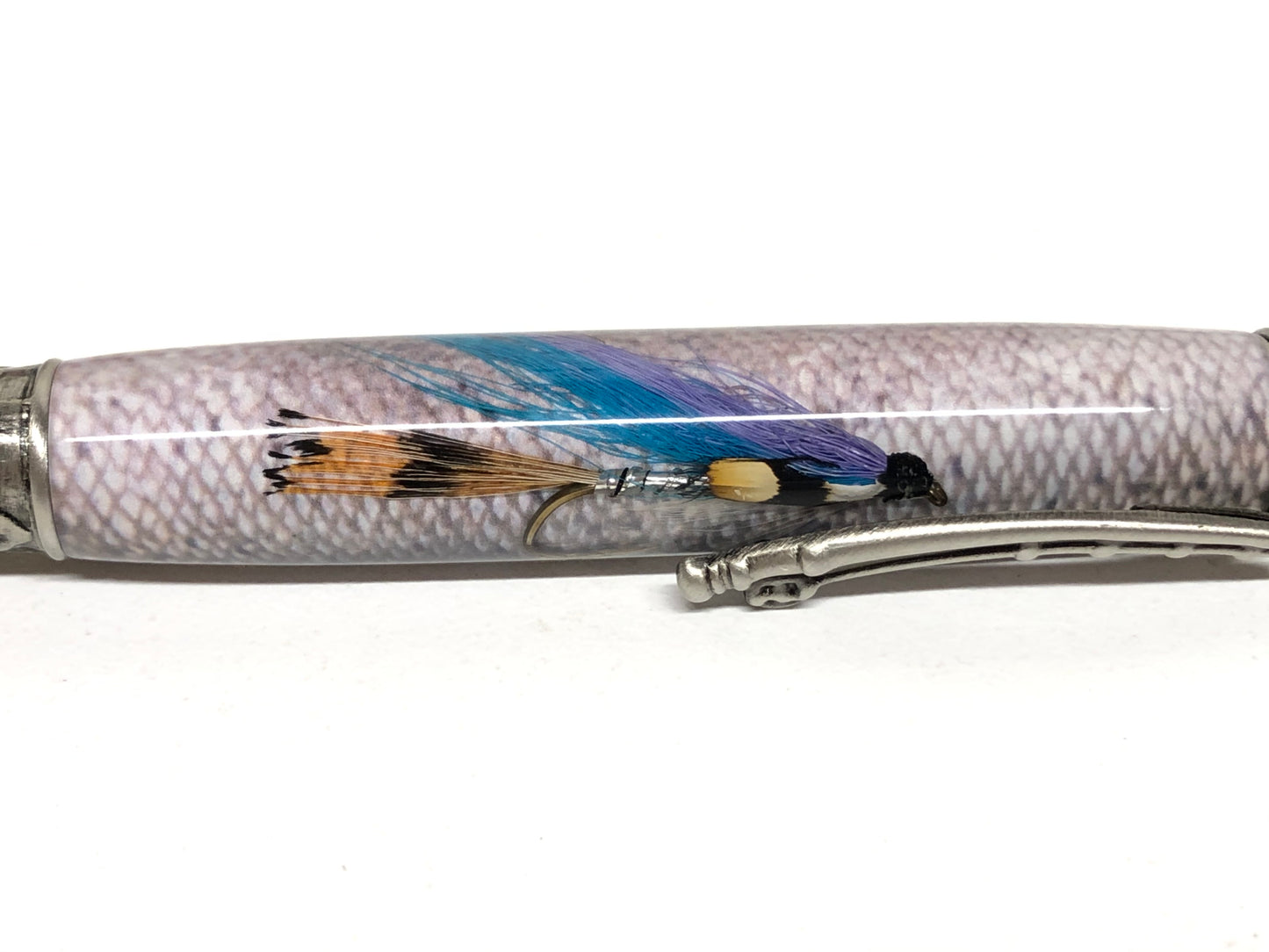 Fly Fishing Ballpoint / Antique Pewter - Purple and Blue Fly with Steelhead Background