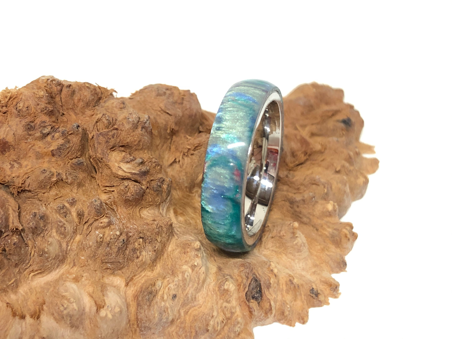 Ring / 5mm Stainless Steel - Resin / Teal Swirl - Size 6