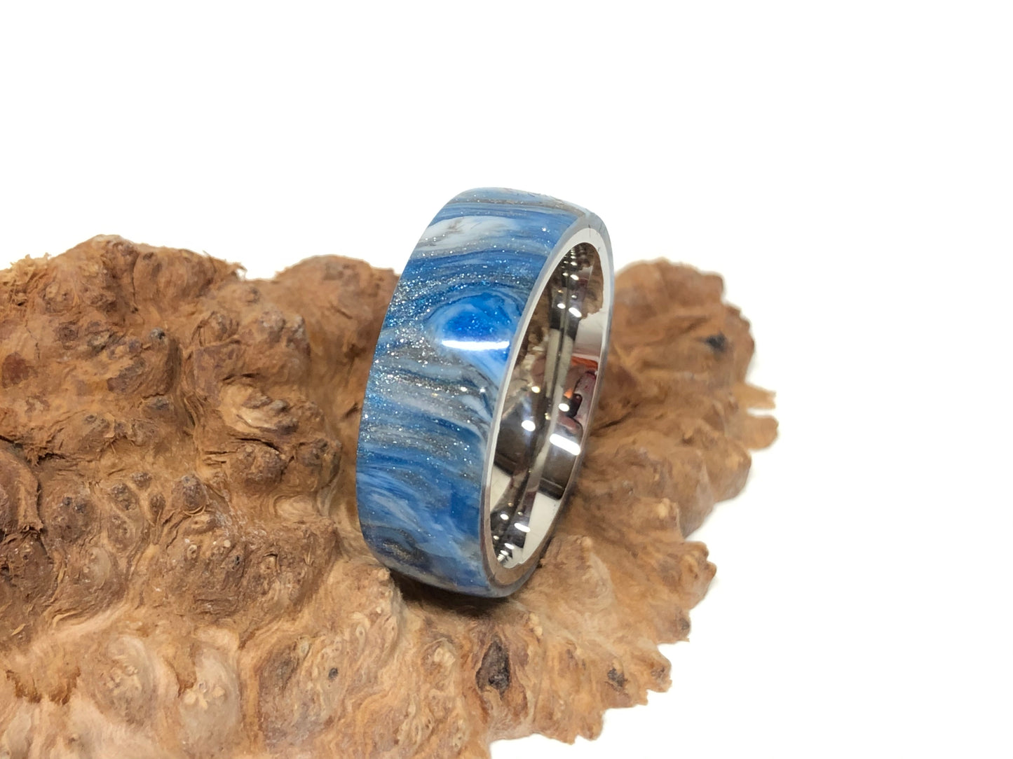 Ring / 8mm Stainless Steel - Resin / DiamondCast Blue, Silver and White - Size 10