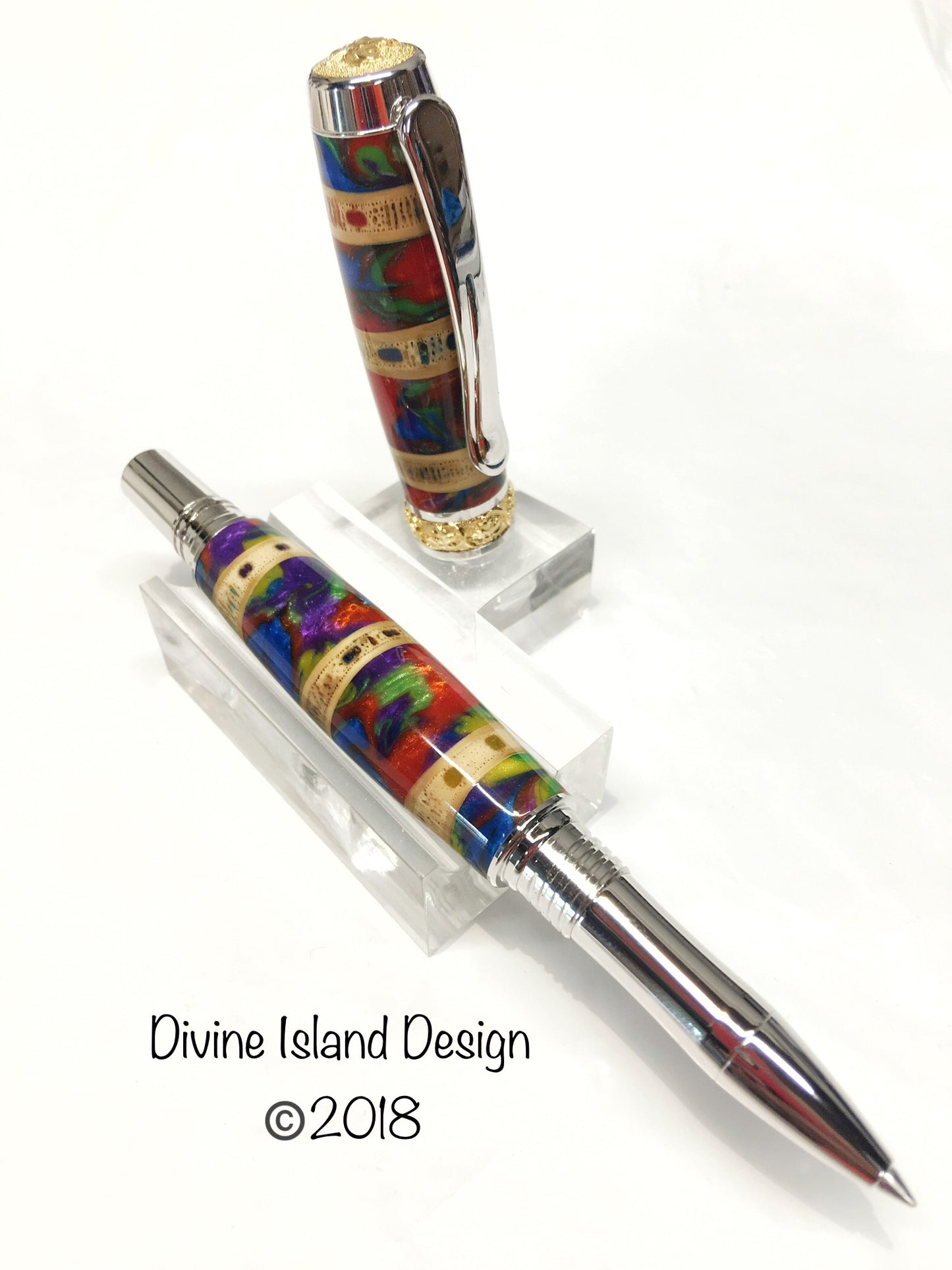 Majestic Rollerball / Rhodium and 22kt Gold - Shark Vertebrae and "Rainbow" Custom Resin
