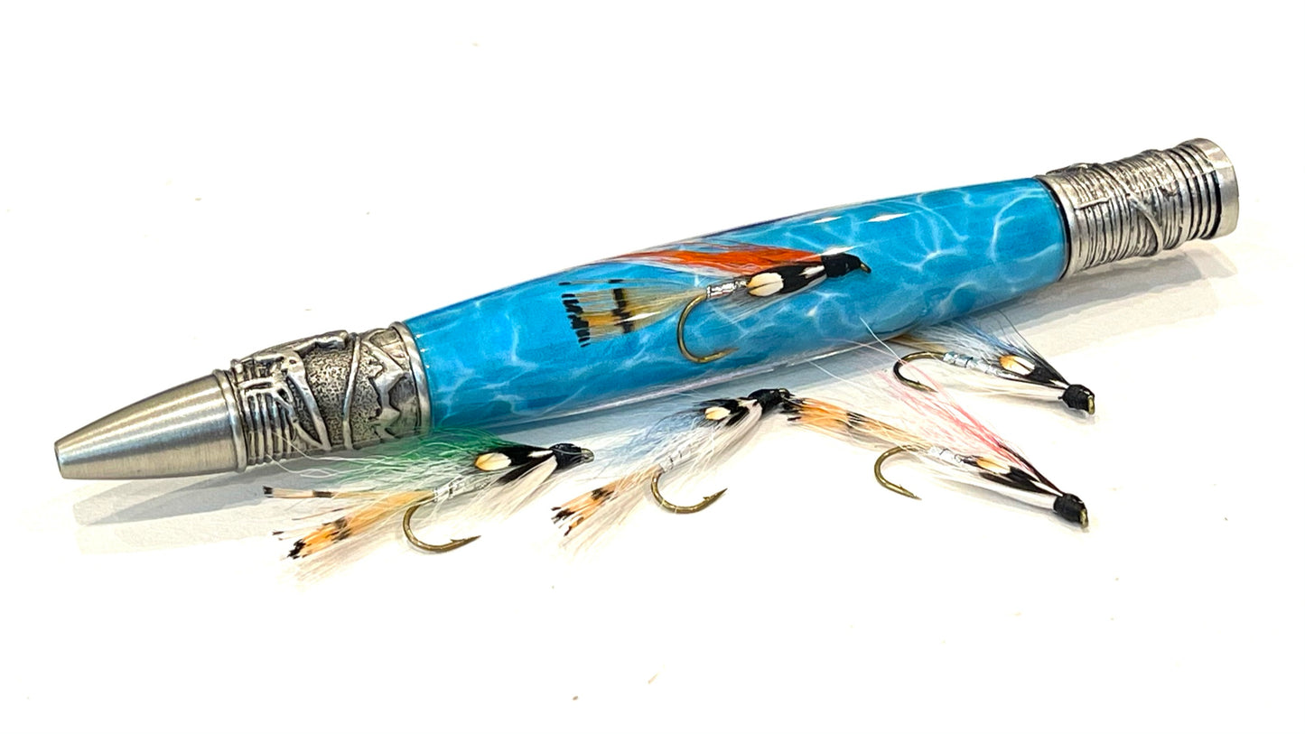 Fly Fishing Ballpoint / Antique Pewter - Orange and White Fly with Water Background