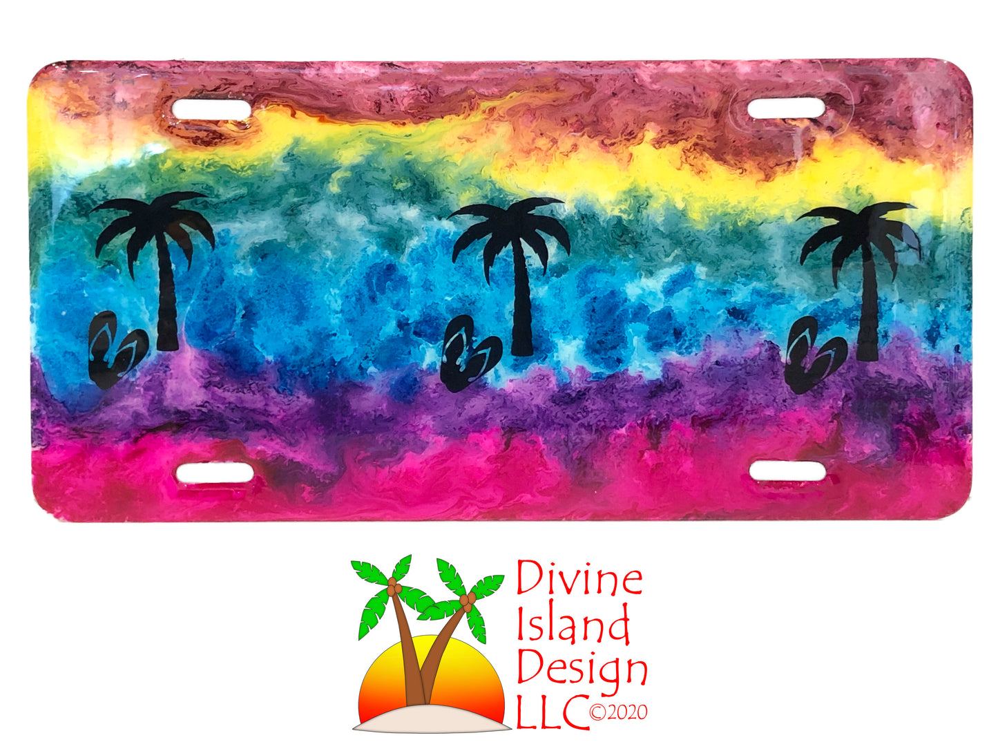 Vanity License Plate - Rainbow w/Palm Trees and Flip Flops