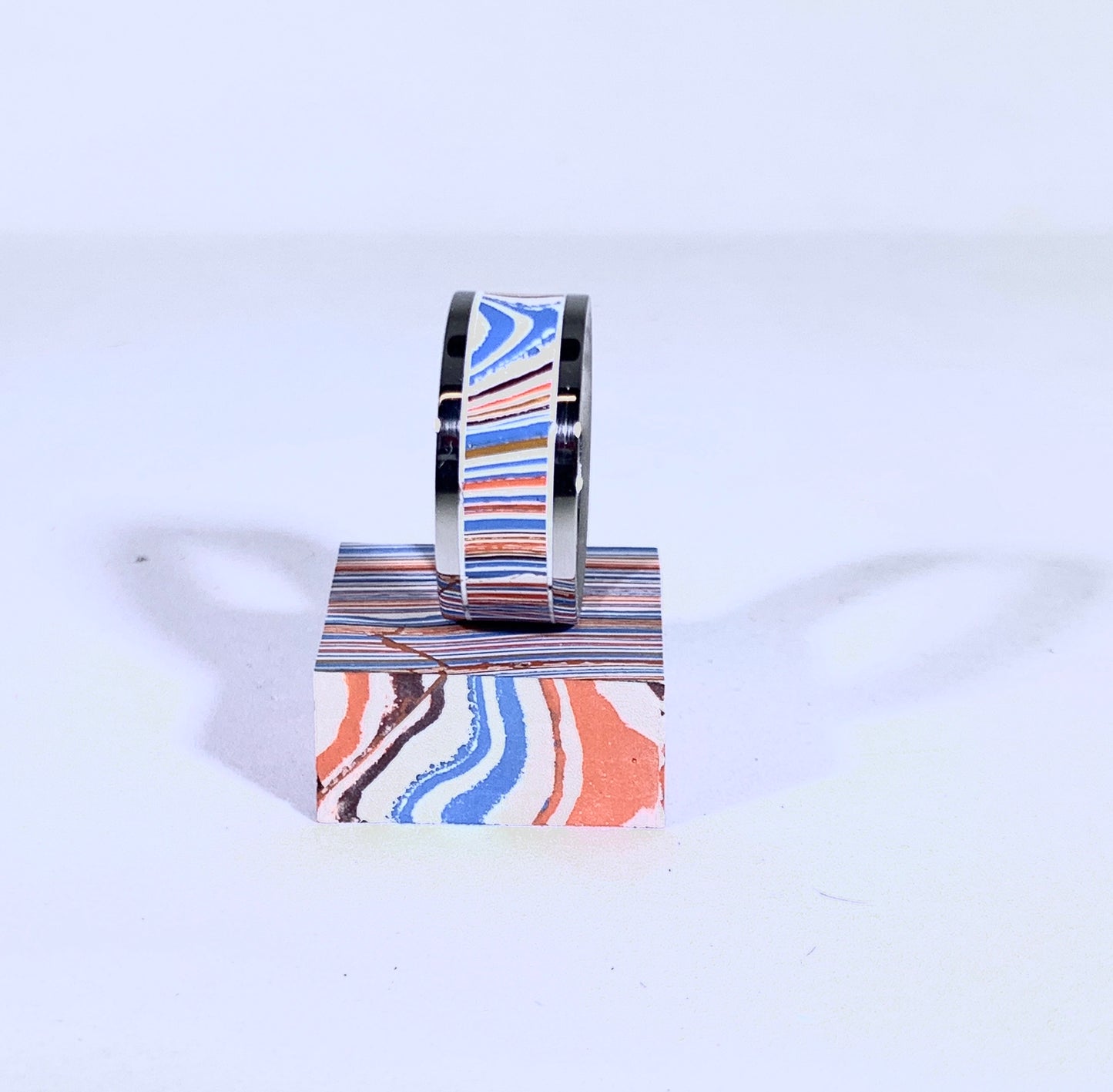 Ring / 8mm 2 piece Stainless Steel - 70s prototype Fordite - Size 9